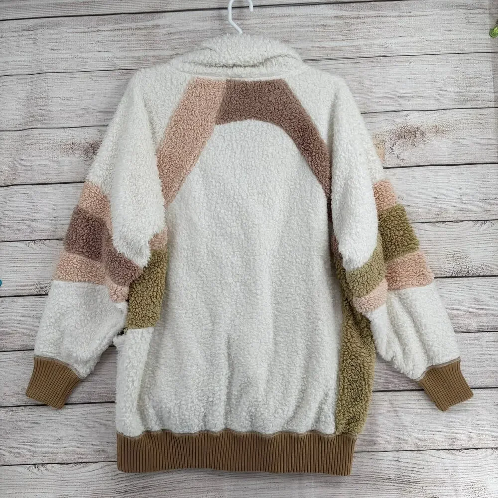 Free People Selma Cardi Colorblock Sherpa Cardigan Sweater Womens L‎ White Brown